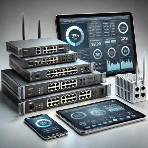 DALL·E 2024-10-19 14.55.34 - A clean, professional tech setup showcasing network hardware devices such as switches, access points, and power units, displayed in front of a tablet